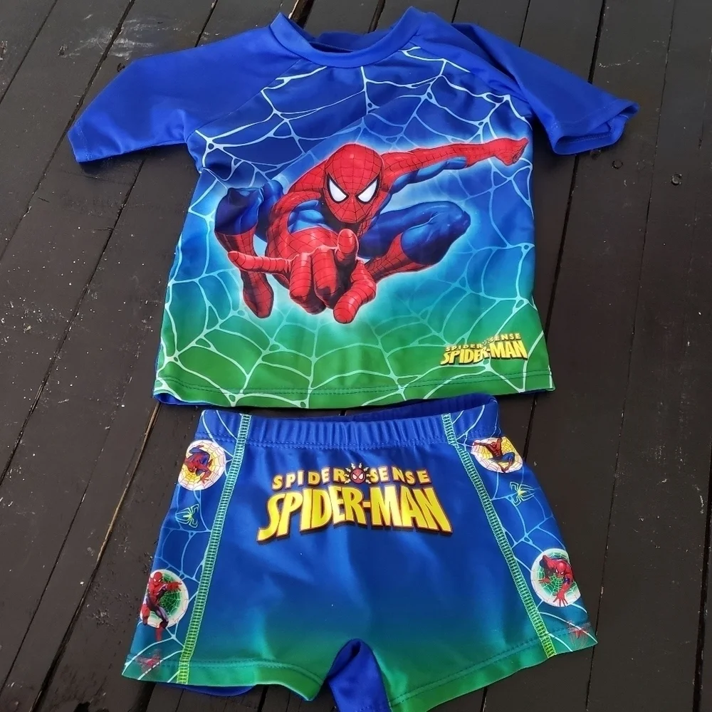 Spiderman Two Piece Swim Set Rash Guard Trunks Blue Green Baby Boy Medium 3-6 Mo